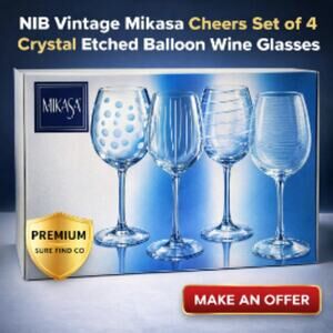 NIB Vtg Mikasa Cheers Set of 4 Crystal Etched Balloon Wine Glasses with Box